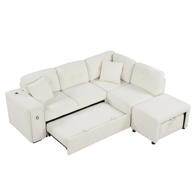 L-Shaped 4-Seater Corner Sofa Bed, featuring a Pull-Out Bed, Movable Ottoman, USB Charging Port, and Fold-Down Cup Holder Table.
