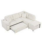 L-Shaped 4-Seater Corner Sofa Bed, featuring a Pull-Out Bed, Movable Ottoman, USB Charging Port, and Fold-Down Cup Holder Table.