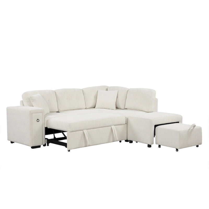 L-Shaped 4-Seater Corner Sofa Bed, featuring a Pull-Out Bed, Movable Ottoman, USB Charging Port, and Fold-Down Cup Holder Table.