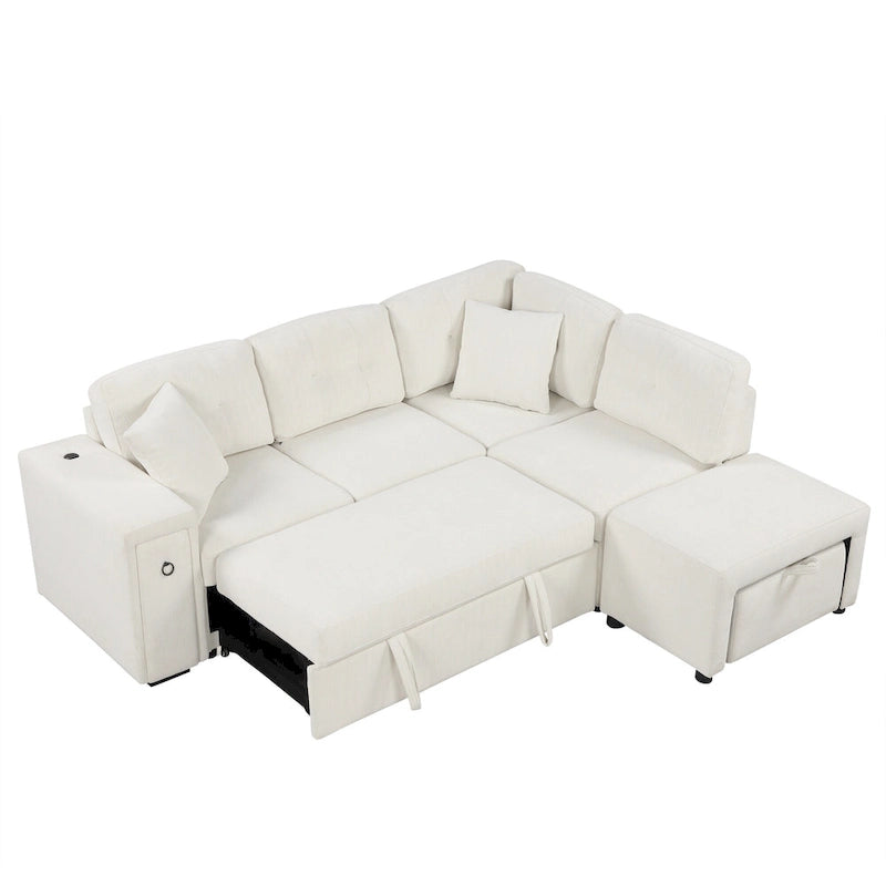 L-Shaped 4-Seater Corner Sofa Bed, featuring a Pull-Out Bed, Movable Ottoman, USB Charging Port, and Fold-Down Cup Holder Table.