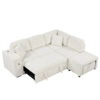 L-Shaped 4-Seater Corner Sofa Bed, featuring a Pull-Out Bed, Movable Ottoman, USB Charging Port, and Fold-Down Cup Holder Table.