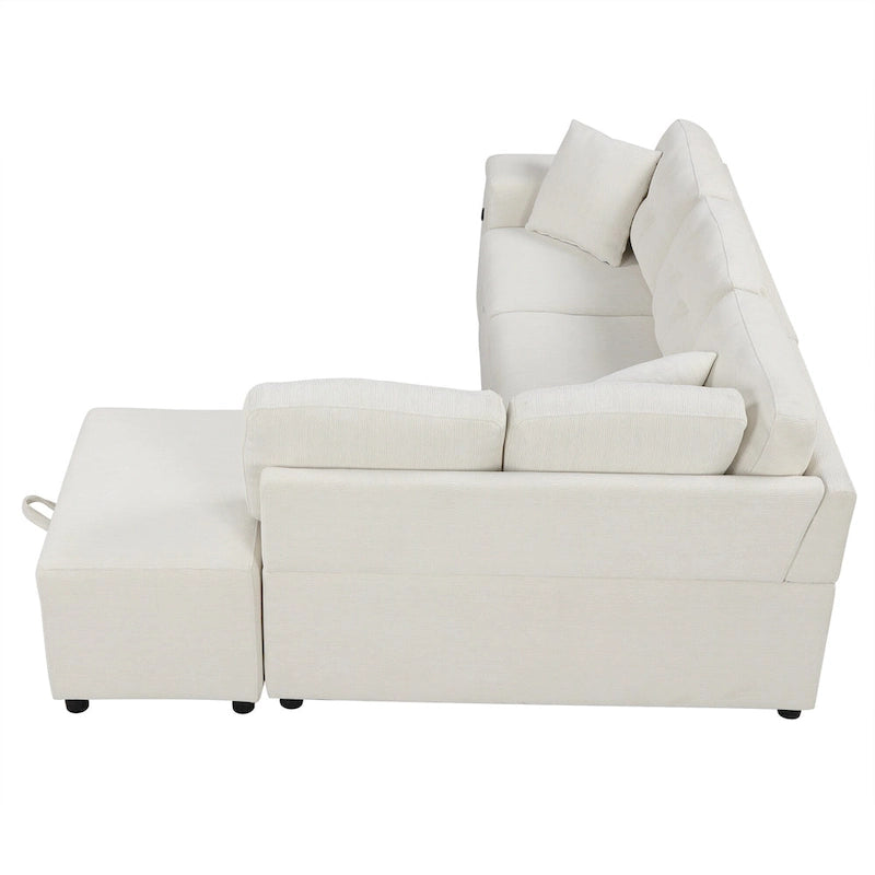 L-Shaped 4-Seater Corner Sofa Bed, featuring a Pull-Out Bed, Movable Ottoman, USB Charging Port, and Fold-Down Cup Holder Table.