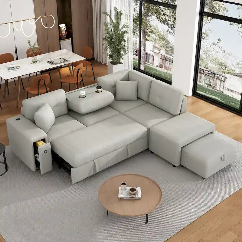 L-Shaped 4-Seater Corner Sofa Bed, featuring a Pull-Out Bed, Movable Ottoman, USB Charging Port, and Fold-Down Cup Holder Table.