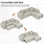 L-Shaped 4-Seater Corner Sofa Bed, featuring a Pull-Out Bed, Movable Ottoman, USB Charging Port, and Fold-Down Cup Holder Table.