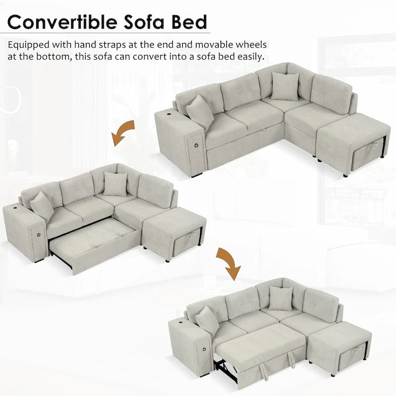 L-Shaped 4-Seater Corner Sofa Bed, featuring a Pull-Out Bed, Movable Ottoman, USB Charging Port, and Fold-Down Cup Holder Table.