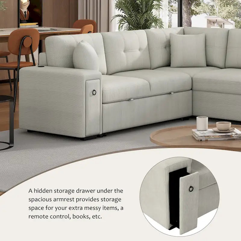 L-Shaped 4-Seater Corner Sofa Bed, featuring a Pull-Out Bed, Movable Ottoman, USB Charging Port, and Fold-Down Cup Holder Table.