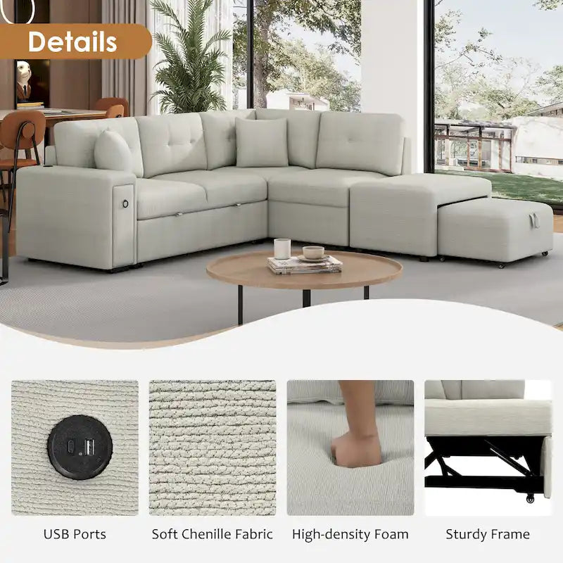 L-Shaped 4-Seater Corner Sofa Bed, featuring a Pull-Out Bed, Movable Ottoman, USB Charging Port, and Fold-Down Cup Holder Table.