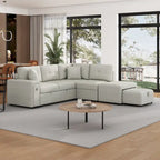 L-Shaped 4-Seater Corner Sofa Bed, featuring a Pull-Out Bed, Movable Ottoman, USB Charging Port, and Fold-Down Cup Holder Table.