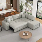 L-Shaped 4-Seater Corner Sofa Bed, featuring a Pull-Out Bed, Movable Ottoman, USB Charging Port, and Fold-Down Cup Holder Table.
