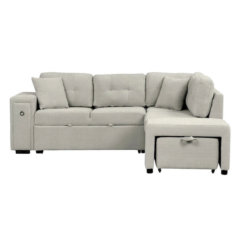 L-Shaped 4-Seater Corner Sofa Bed, featuring a Pull-Out Bed, Movable Ottoman, USB Charging Port, and Fold-Down Cup Holder Table.