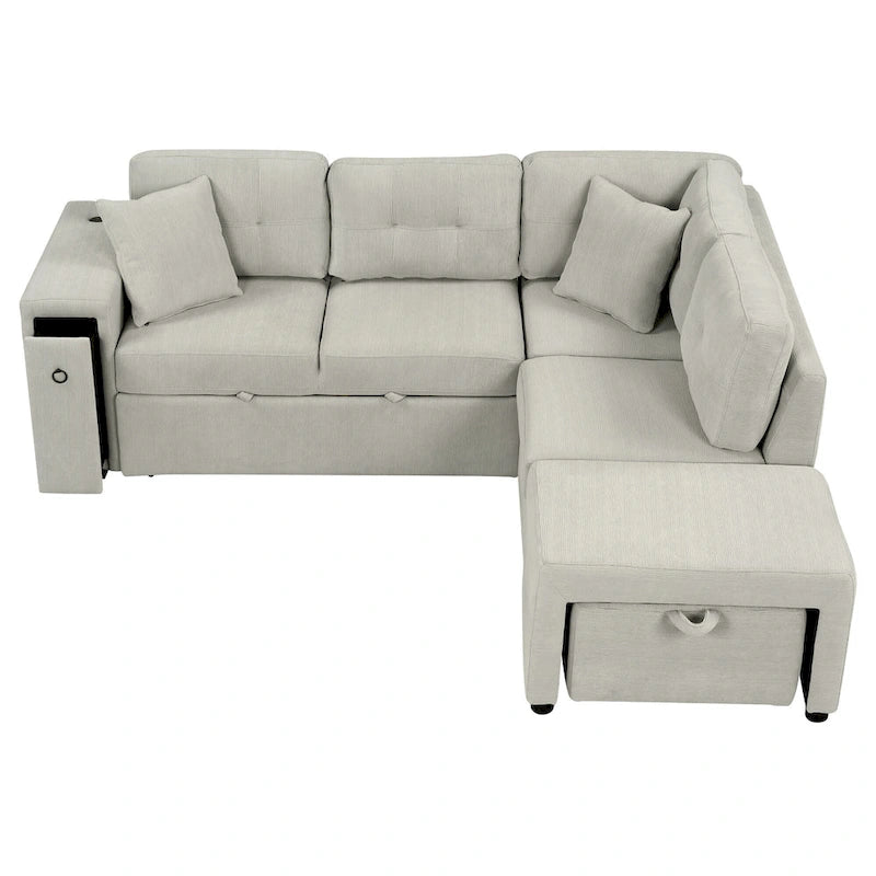 L-Shaped 4-Seater Corner Sofa Bed, featuring a Pull-Out Bed, Movable Ottoman, USB Charging Port, and Fold-Down Cup Holder Table.
