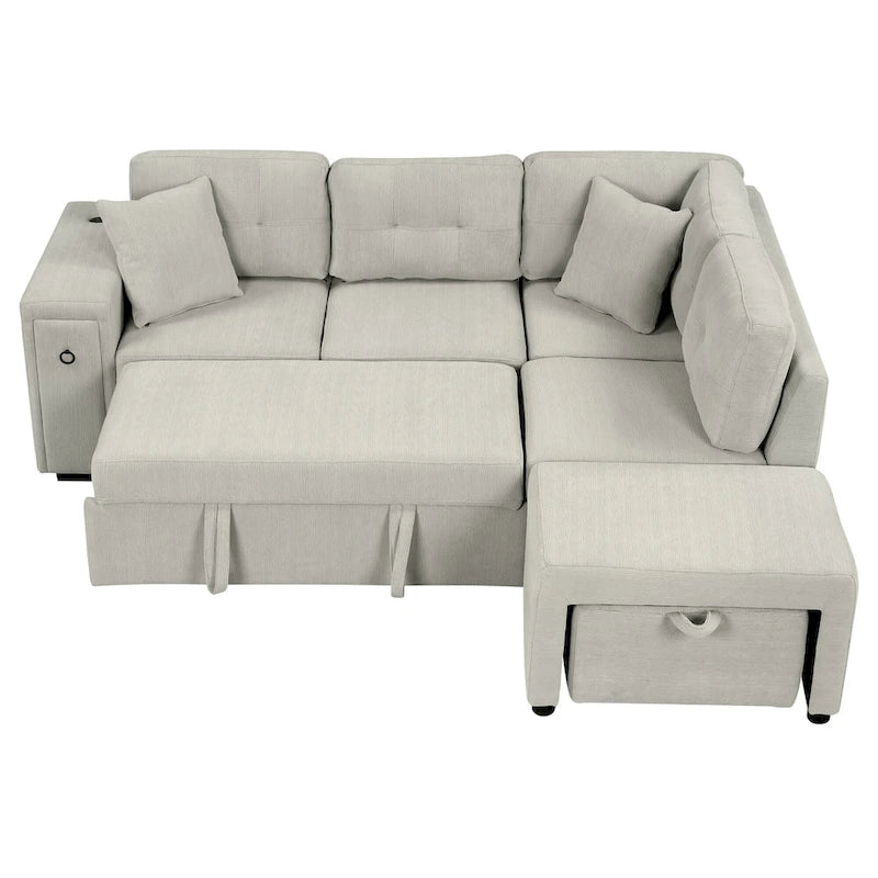 L-Shaped 4-Seater Corner Sofa Bed, featuring a Pull-Out Bed, Movable Ottoman, USB Charging Port, and Fold-Down Cup Holder Table.