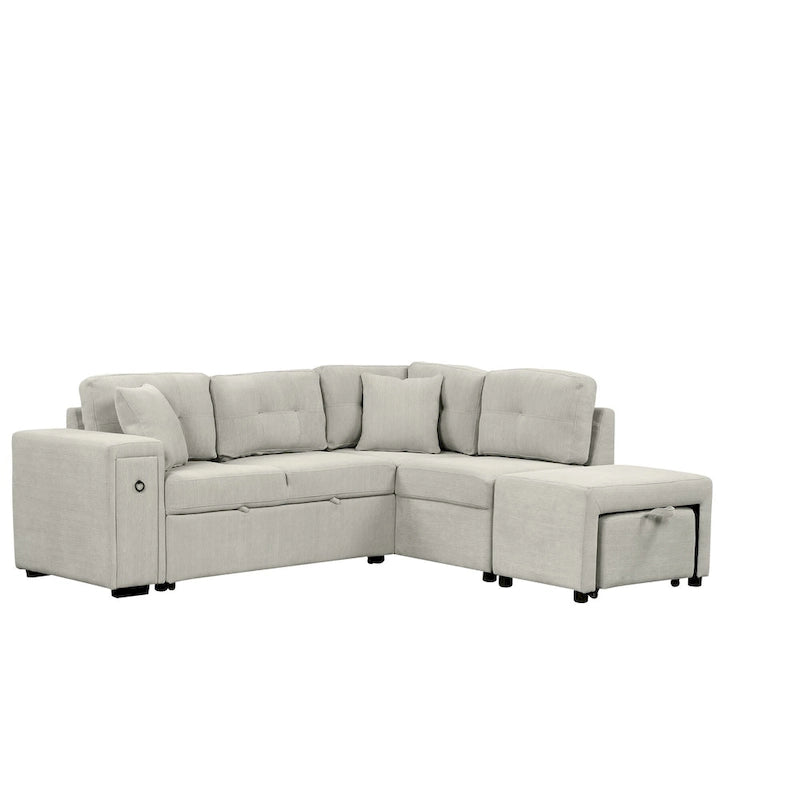 L-Shaped 4-Seater Corner Sofa Bed, featuring a Pull-Out Bed, Movable Ottoman, USB Charging Port, and Fold-Down Cup Holder Table.