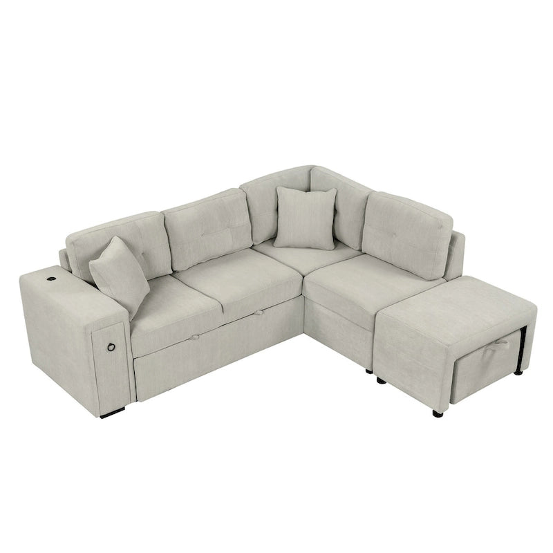 L-Shaped 4-Seater Corner Sofa Bed, featuring a Pull-Out Bed, Movable Ottoman, USB Charging Port, and Fold-Down Cup Holder Table.