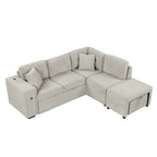 L-Shaped 4-Seater Corner Sofa Bed, featuring a Pull-Out Bed, Movable Ottoman, USB Charging Port, and Fold-Down Cup Holder Table.