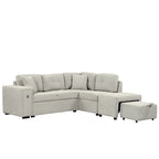 L-Shaped 4-Seater Corner Sofa Bed, featuring a Pull-Out Bed, Movable Ottoman, USB Charging Port, and Fold-Down Cup Holder Table.