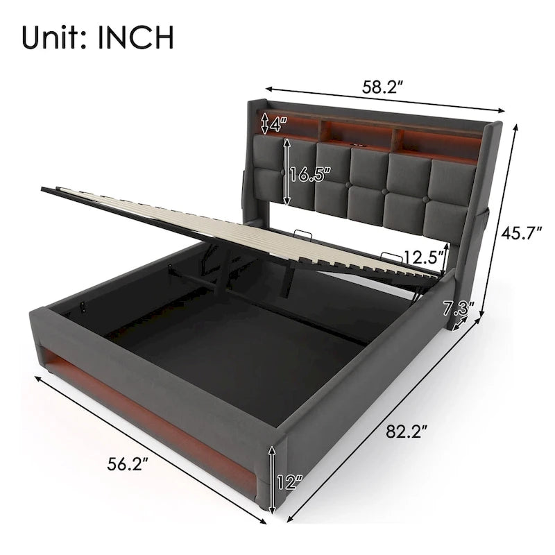 Grey Full Size Upholstered Platform Bed with Hydraulic Storage, LED Lighting and USB Charging