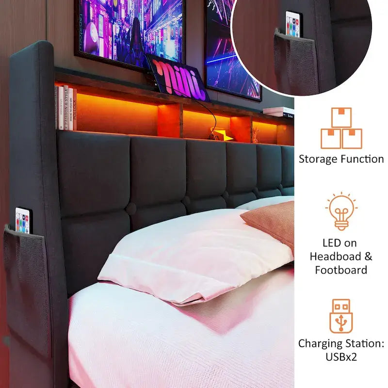 Grey Full Size Upholstered Platform Bed with Hydraulic Storage, LED Lighting and USB Charging