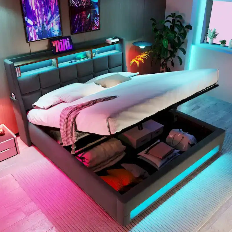 Grey Full Size Upholstered Platform Bed with Hydraulic Storage, LED Lighting and USB Charging