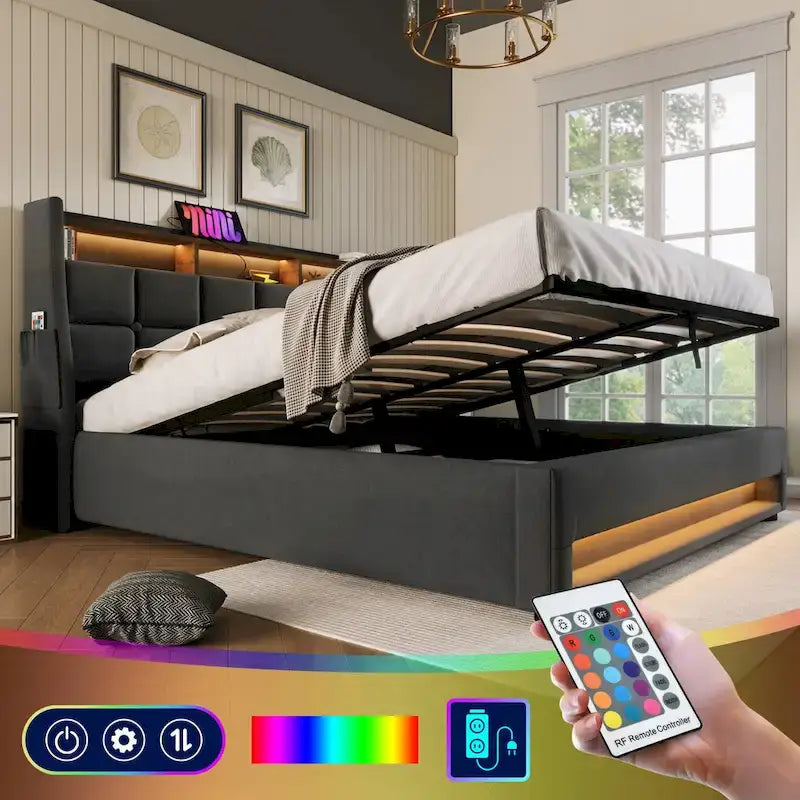 Grey Full Size Upholstered Platform Bed with Hydraulic Storage, LED Lighting and USB Charging