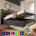 Grey Full Size Upholstered Platform Bed with Hydraulic Storage, LED Lighting and USB Charging