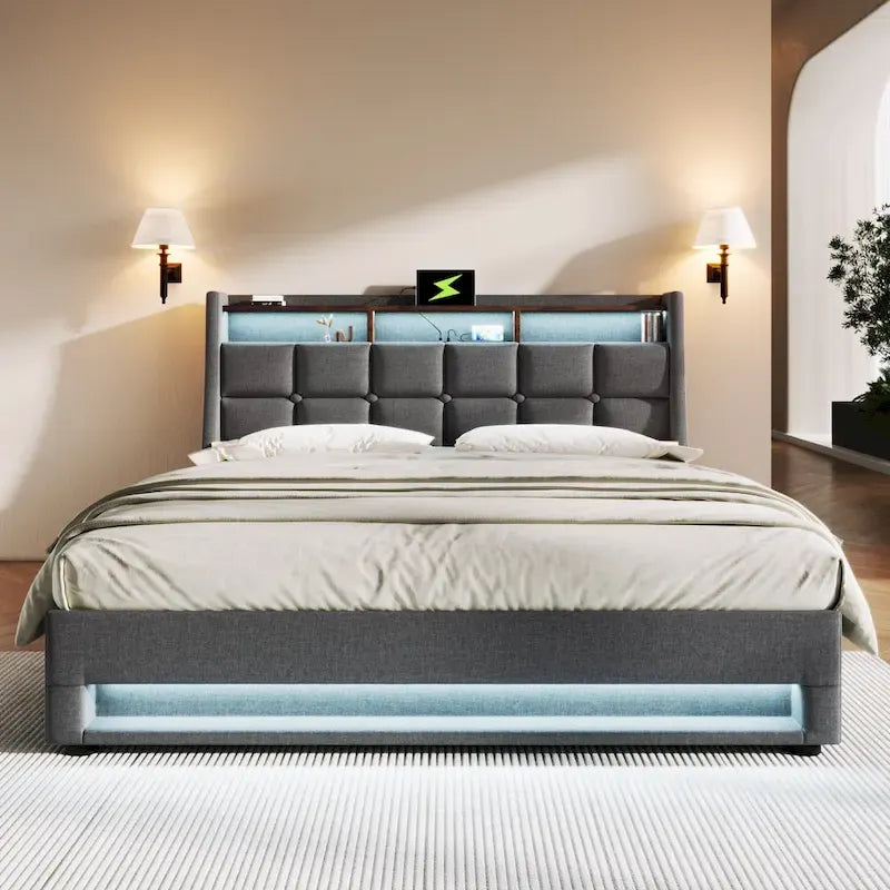 Grey Full Size Upholstered Platform Bed with Hydraulic Storage, LED Lighting and USB Charging