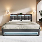 Grey Full Size Upholstered Platform Bed with Hydraulic Storage, LED Lighting and USB Charging