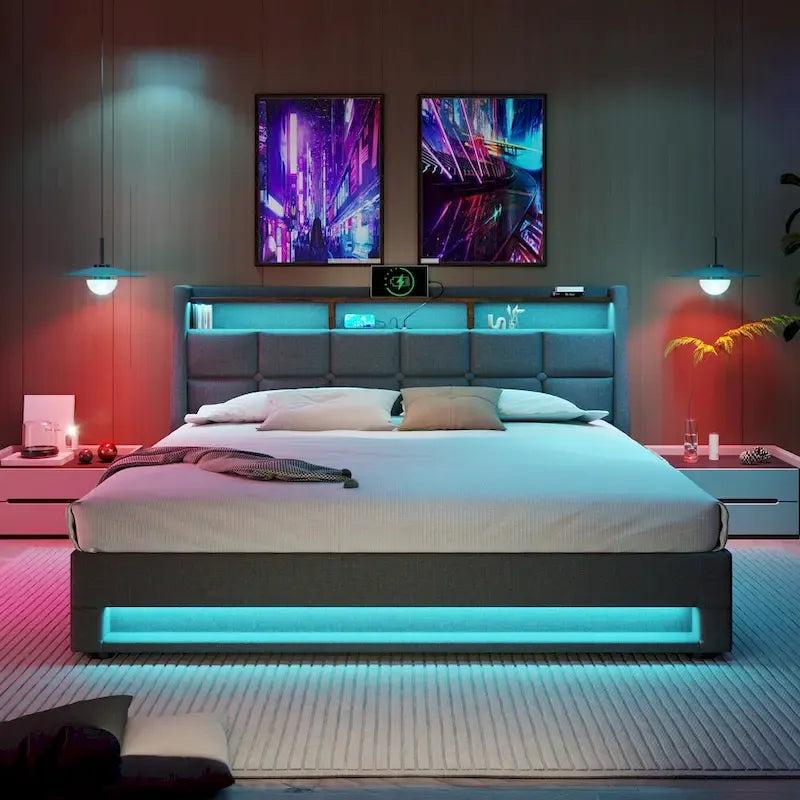 Grey Full Size Upholstered Platform Bed with Hydraulic Storage, LED Lighting and USB Charging