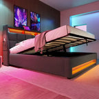 Grey Full Size Upholstered Platform Bed with Hydraulic Storage, LED Lighting and USB Charging