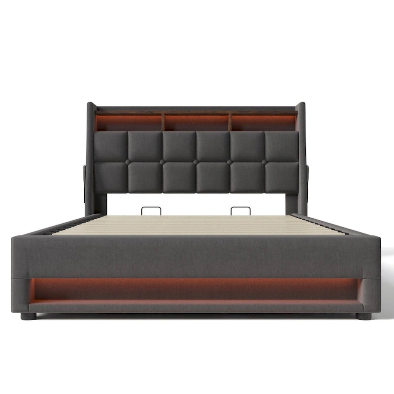 Grey Full Size Upholstered Platform Bed with Hydraulic Storage, LED Lighting and USB Charging