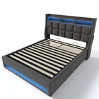 Grey Full Size Upholstered Platform Bed with Hydraulic Storage, LED Lighting and USB Charging