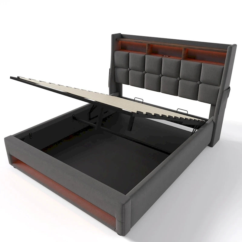 Grey Full Size Upholstered Platform Bed with Hydraulic Storage, LED Lighting and USB Charging