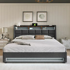 Grey Full Size Upholstered Platform Bed with Hydraulic Storage, LED Lighting and USB Charging