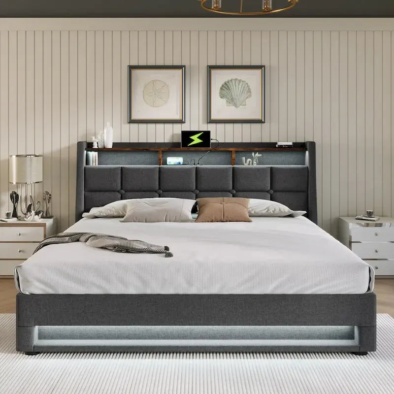 Grey Full Size Upholstered Platform Bed with Hydraulic Storage, LED Lighting and USB Charging