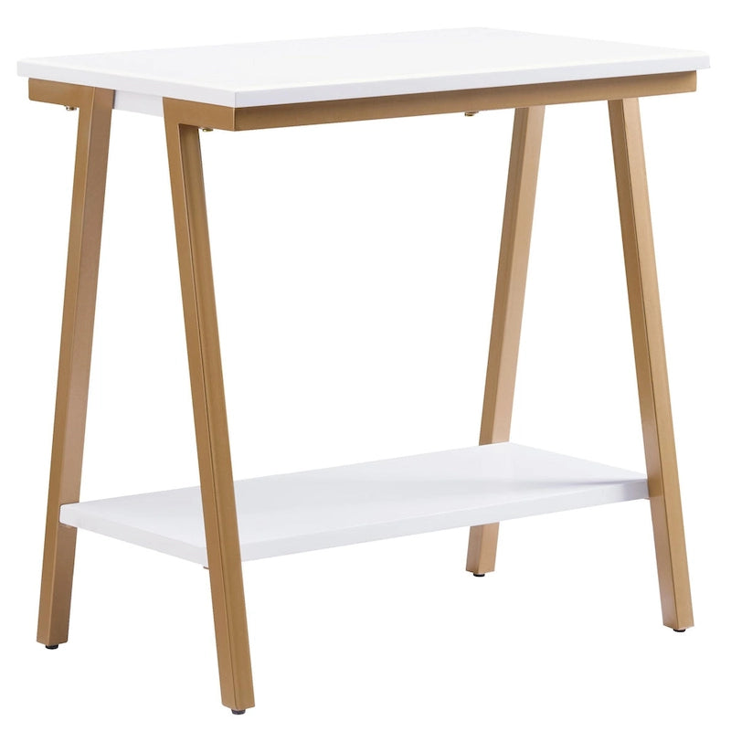 Narrow Wood Side Table with Metal Frame and Lower Shelf