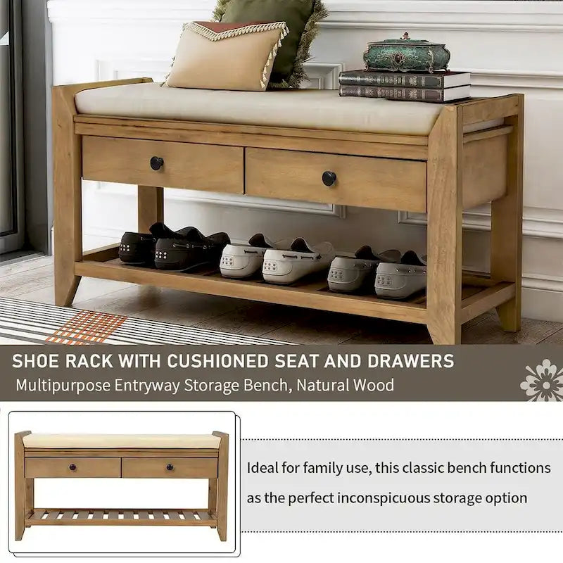 Wooden Storage Bench with Shoe Rack and Drawers