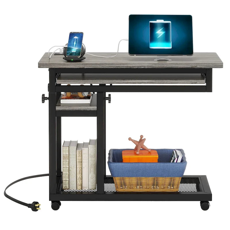 Height Adjustable Rolling Desk with Built-In Outlet and USB Ports