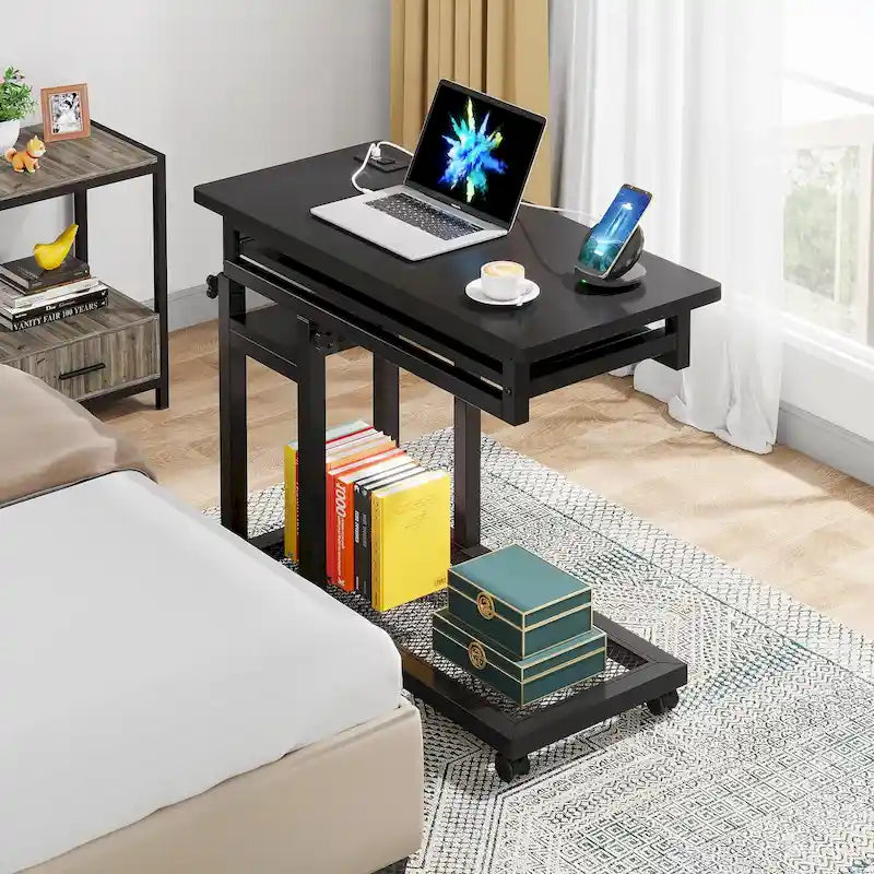Height Adjustable Rolling Desk with Built-In Outlet and USB Ports