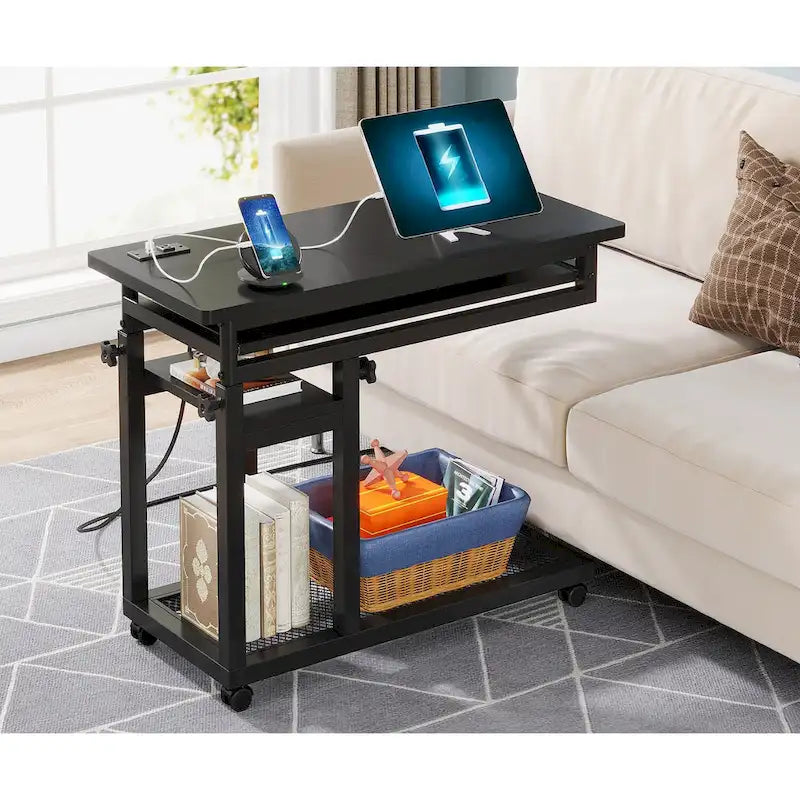 Height Adjustable Rolling Desk with Built-In Outlet and USB Ports