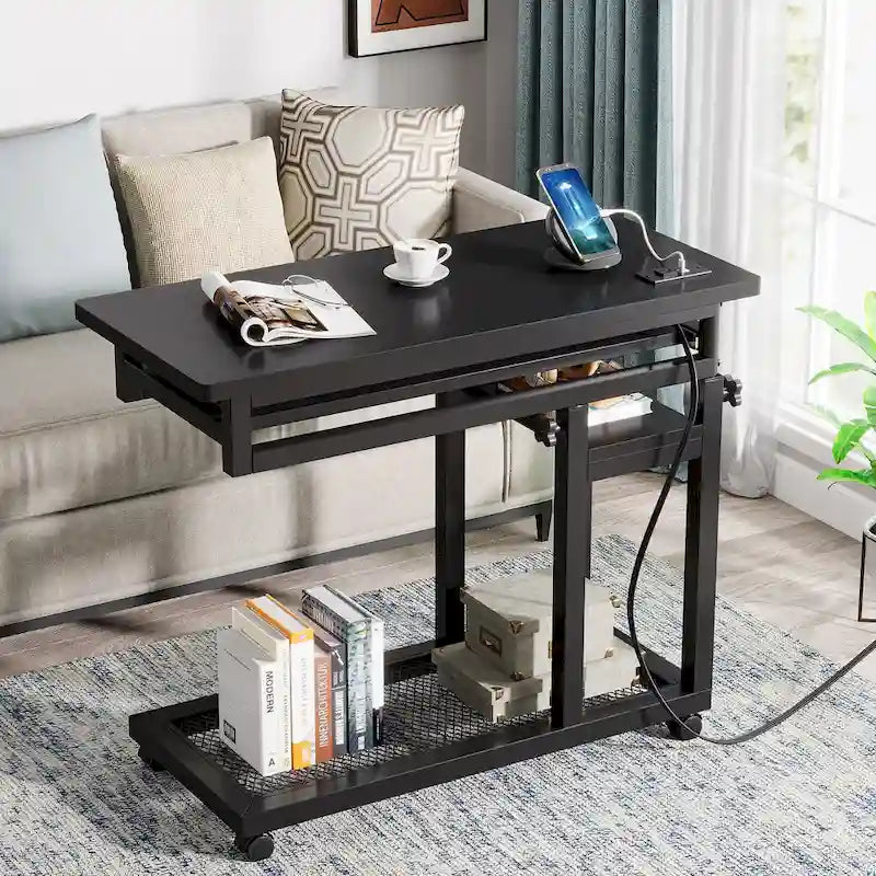 Height Adjustable Rolling Desk with Built-In Outlet and USB Ports