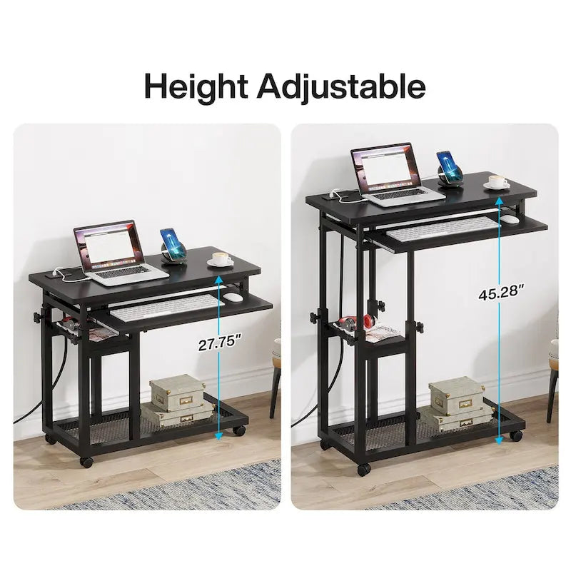 Height Adjustable Rolling Desk with Built-In Outlet and USB Ports