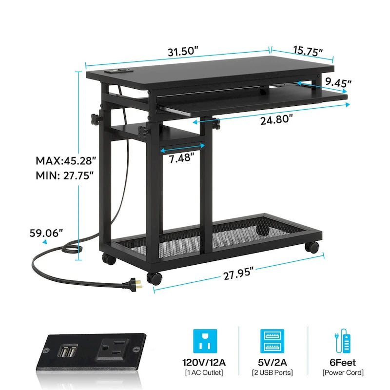 Height Adjustable Rolling Desk with Built-In Outlet and USB Ports