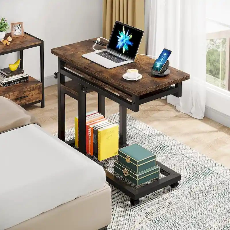 Height Adjustable Rolling Desk with Built-In Outlet and USB Ports