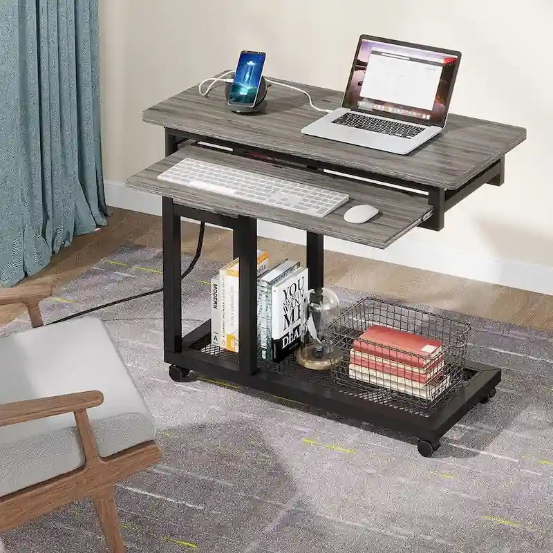Height Adjustable Rolling Desk with Built-In Outlet and USB Ports