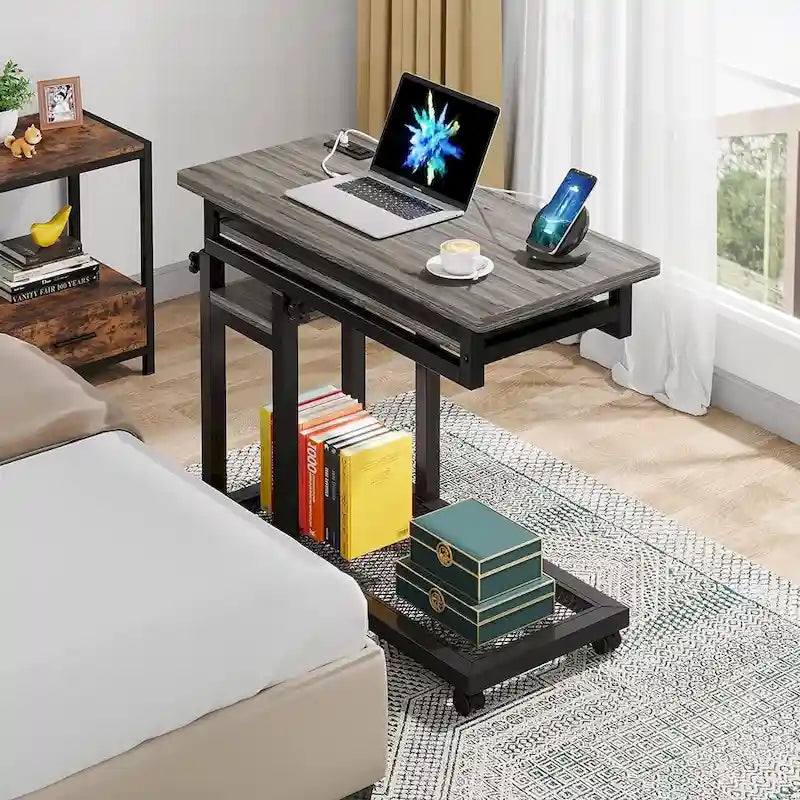 Height Adjustable Rolling Desk with Built-In Outlet and USB Ports