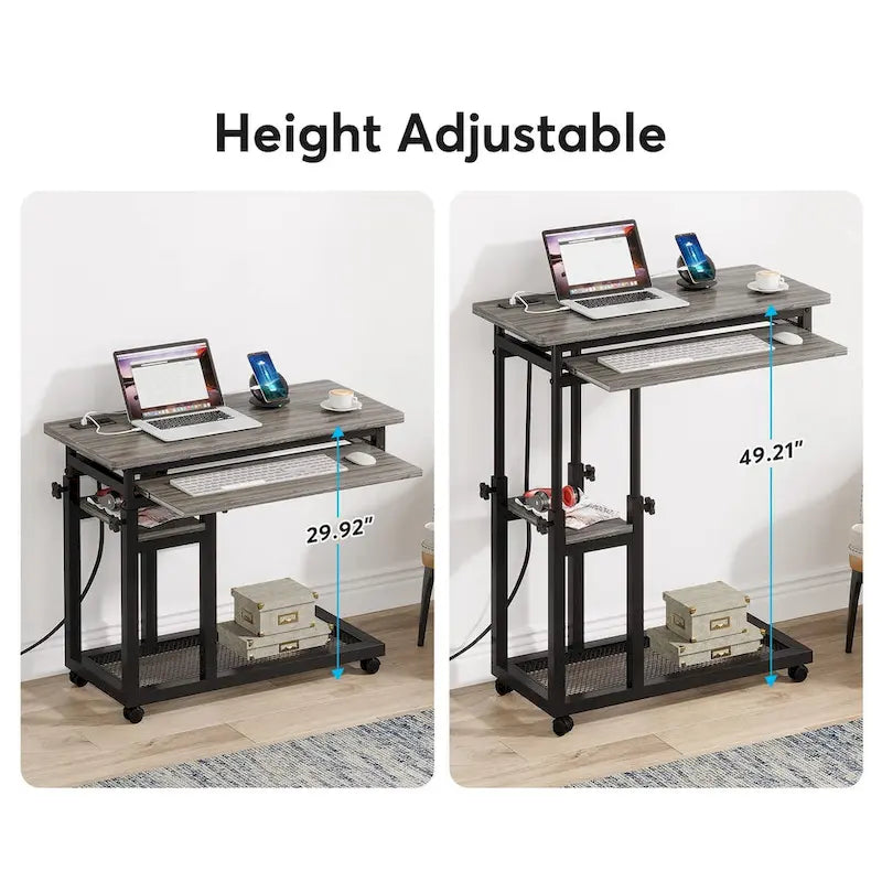Height Adjustable Rolling Desk with Built-In Outlet and USB Ports