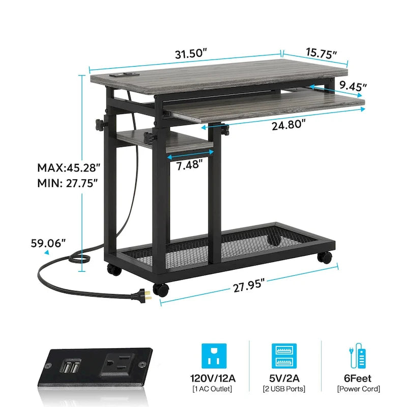 Height Adjustable Rolling Desk with Built-In Outlet and USB Ports