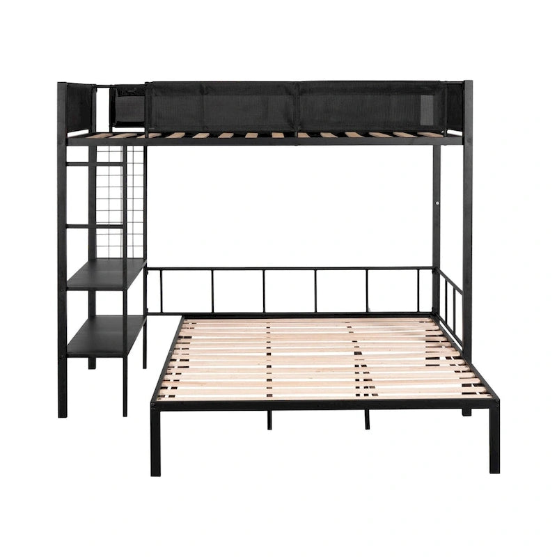 Twin over Full Bunk Bed with Shelves and Grid Panel