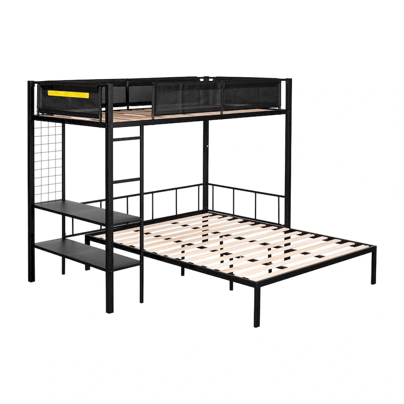 Twin over Full Bunk Bed with Shelves and Grid Panel