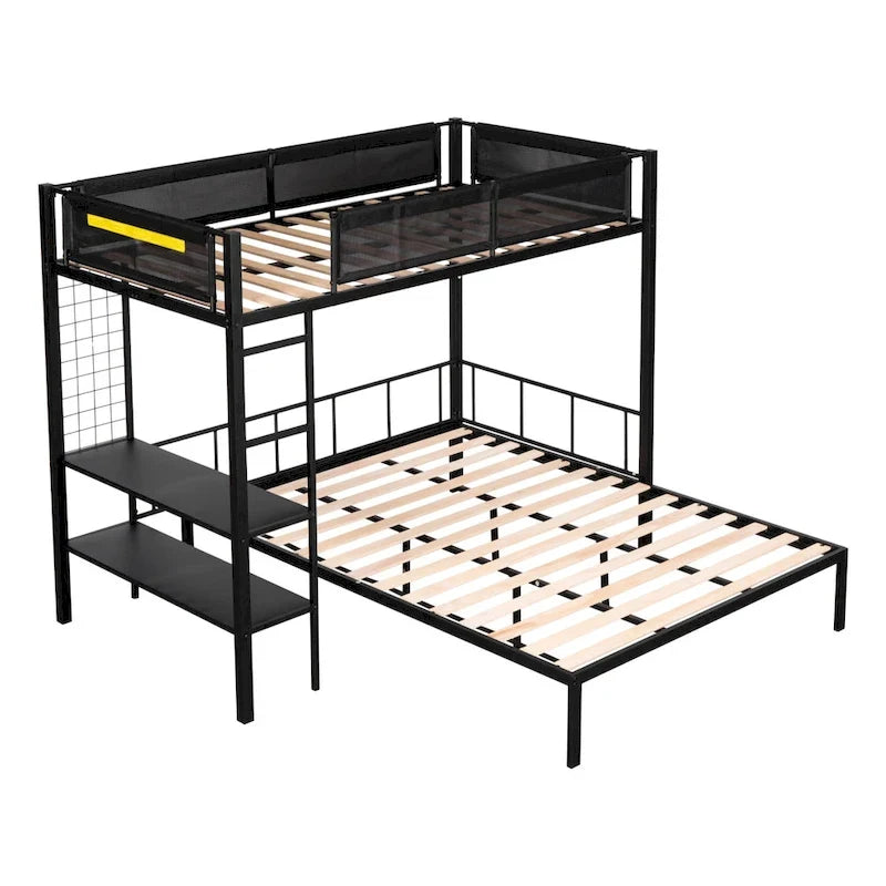 Twin over Full Bunk Bed with Shelves and Grid Panel